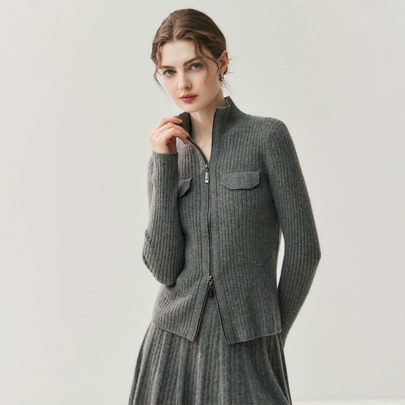 2025 Autumn/Winter Women's High Neck Cashmere Cardigan with Double-Head Zipper and Faux Pocket Detailing