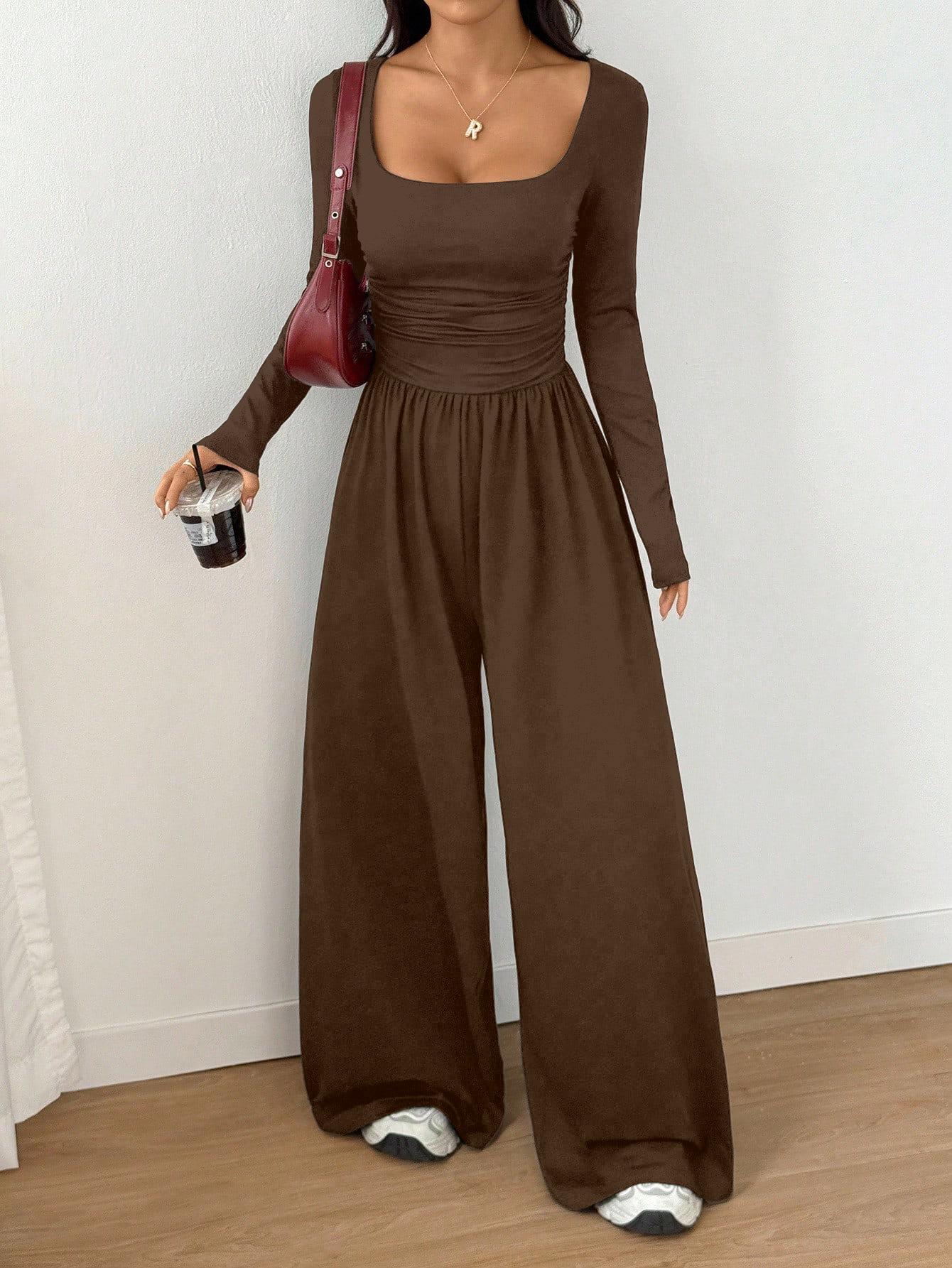 

European & American Style Long Sleeve Square Neck Jumpsuit - Waist-Cinching Wide-Leg Pants for Women Large кофейный