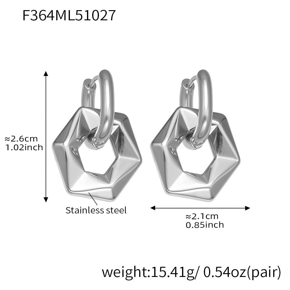 Qiong Yao Stainless Steel Hexagonal Pendant Earrings - 18K Gold Plated, Metal Texture, Versatile INS Style