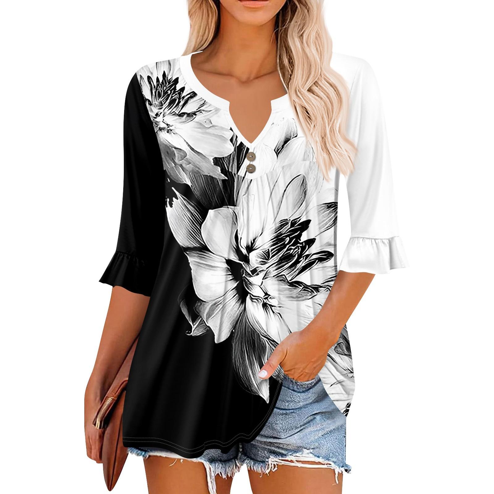 

3/4 рукава топы для женщин повседневные оборки V-образный вырез футболки рабочие блузки нарядные туники топы L