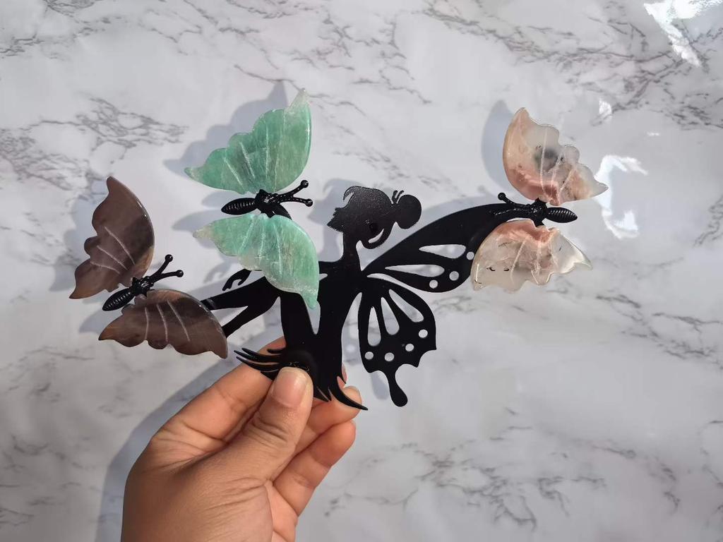 Reiki Healing Gemstones Natural Crystal Butterfly Fairy Figurine Metal Stand Handcrafted for Gift Decoration
