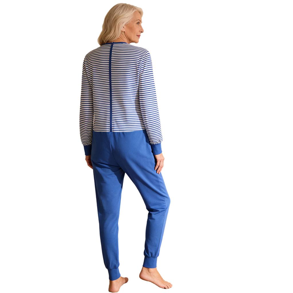 S-XXL Damen Ältere Alzheimer Pflege Gestreifter Overall Langarm Reißverschluss hinten und an den Beinen Anti-strip Body für besondere Pflegebedürfnisse