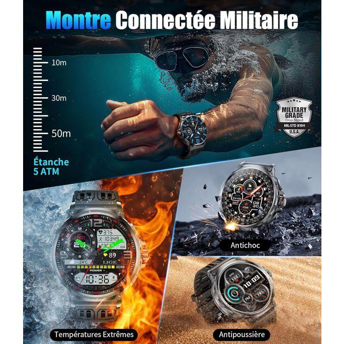 Montre Connectée Homme 1,85'' HD avec Appel Bluetooth, 800mAh, Suivi Santé, 100+ Sports, 5ATM Étanche, Android iOS