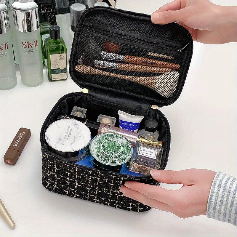 1pc Fashion Cosmetic Bag Large Capacity Portable Handbag Woven Cosmetics Makeup Brush Storage Household Travel Wash Bag