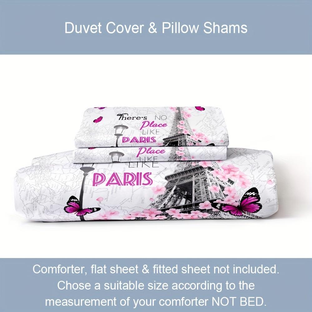 3pcs Pink Beding Set Paris Eifel Tower Print Cozy Soft Duvet Cover Set King Quen Twin Single Sized Dimensions Birthday Gift Girl Bedrom Decor