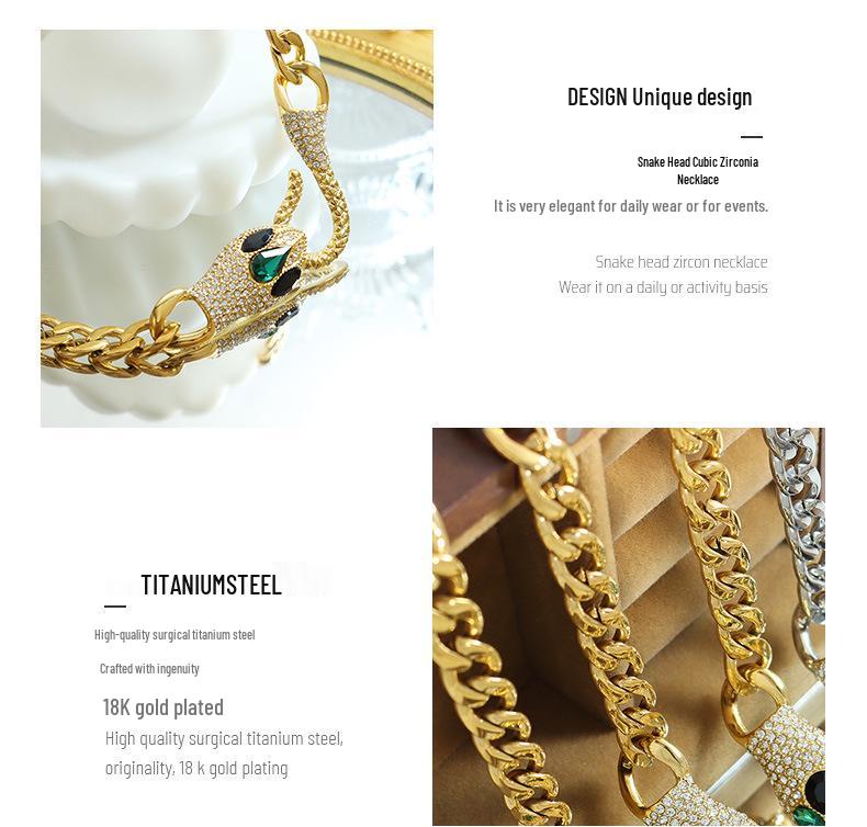 Colorfast High Street Hip Hop Style Zircon Snake Head Necklace
