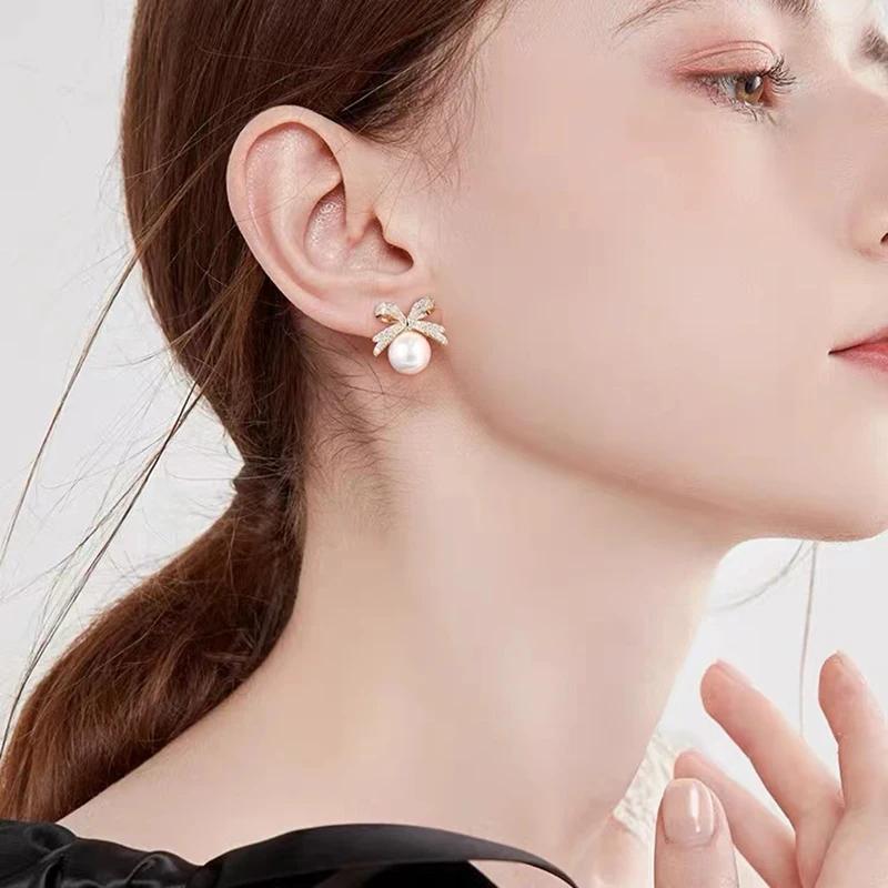 Französisch Elegant Mikro Set Zirkon Schleife Perlenanhänger Ohrringe 2024 Neues Design Zirkon für Damen Mädchen Mode Ohrschmuck