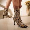 Fashion European and American Sexy Color Block Fashion Boots Pointed Toe Stiletto Heel Women's Boots Side Zipper Snake Pattern