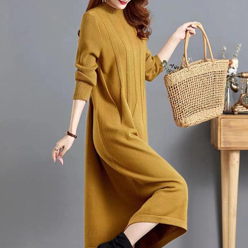 Knitted Dress for Women In Autumn and Winter Long Loose Solid Color Knee-length Sweater Dress Jacquard Half Turtleneck Sweater