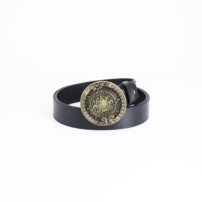 Glossy Whole Cowhide Belt, Zinc Alloy Ancient Tin Aztec Calendar Belt, Retro Large Size Pure Leather Belt.