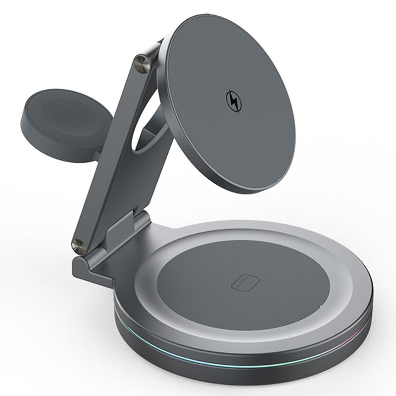 

For iPhone/Apple Watch/AirPods 3-in-1 Charging Stand Bottom Rotatable Magnetic Wireless Charger Grey