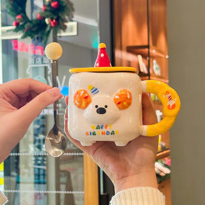 Birthday gift for girls Cute puppy cup Couple ceramic mug with lid Girlfriend souvenir gift box