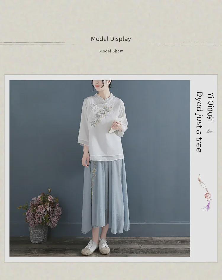 Women's V-Neck Retro Embroidered Cotton-Linen T-Shirt, 3/4 Sleeve, Spring-Summer-Autumn 2024, Casual Literary Style.