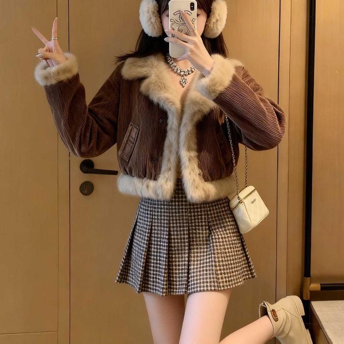 Women s 2025 Retro Winter Jacket with Faux Rabbit Fur Collar S