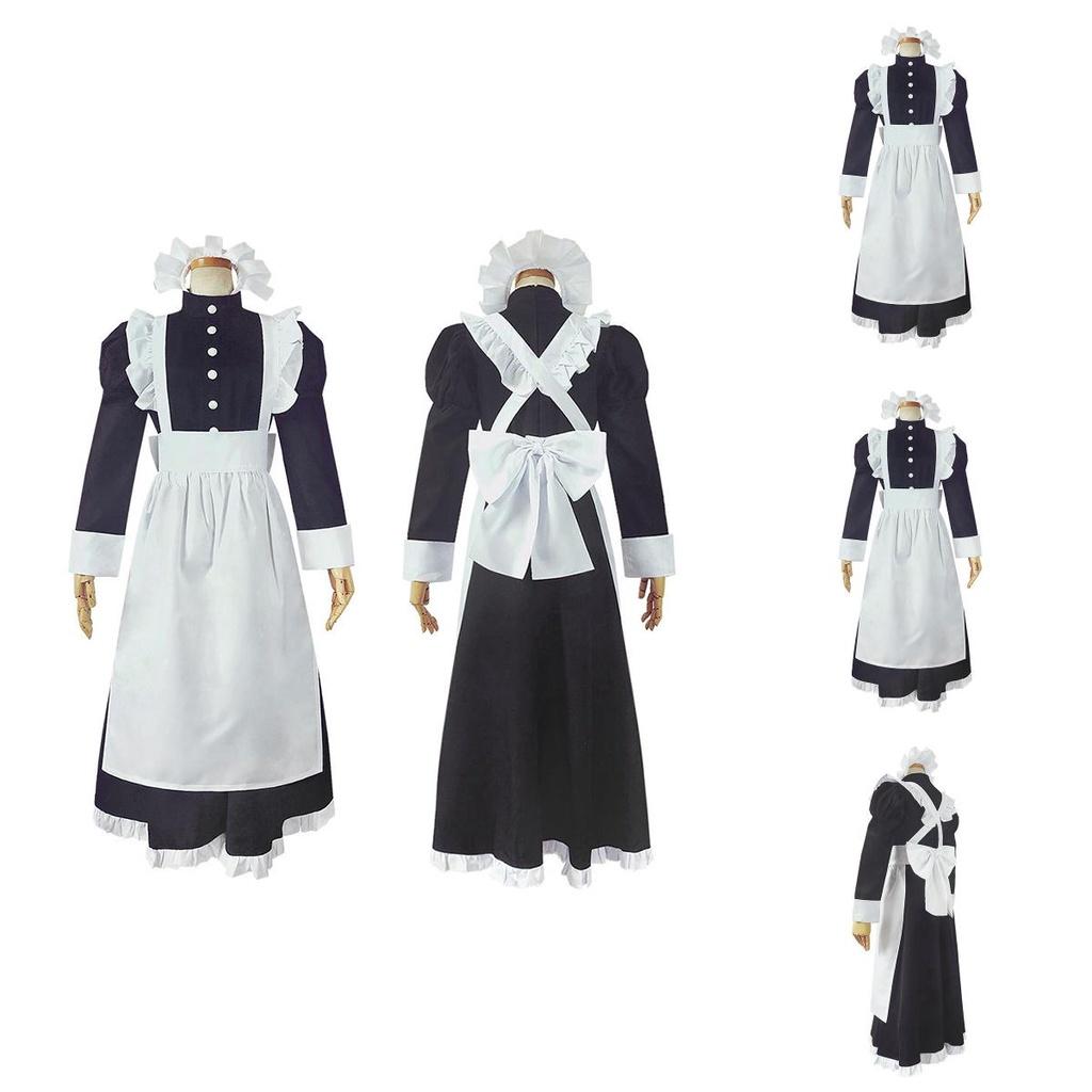 Long Style British Maid Outfit Men Women Lace Cosplay Dress Halloween Costume