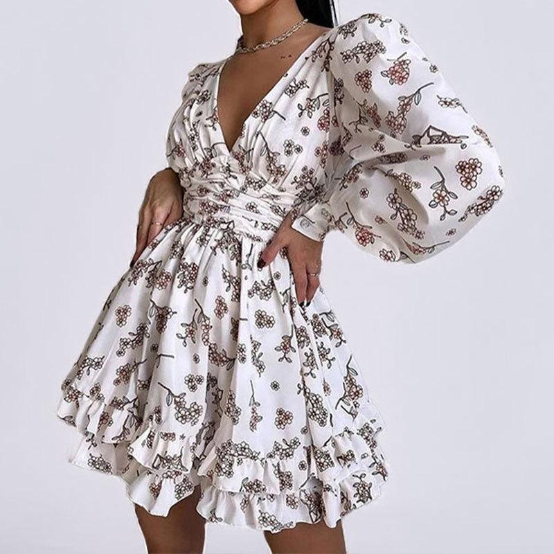 European and American women s clothing, new spring models, fashionable and sexy v-neck backless printed pleated dress S белый