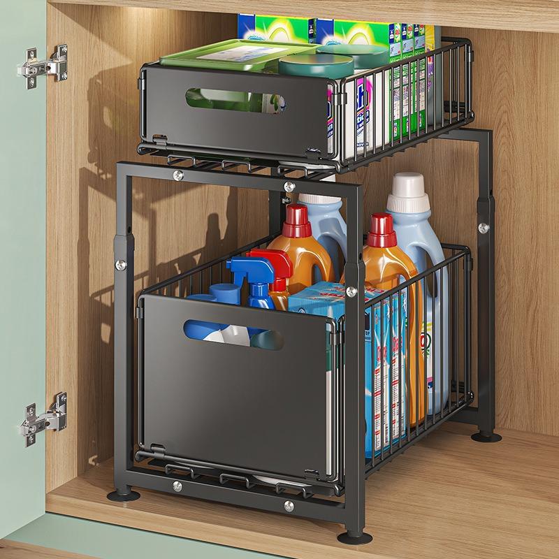 

Kitchen Sink Storage Rack Pull-Out Basket Double Layer Spice Snack Bottle Can Organizer Cabinet Multi-level Shelf