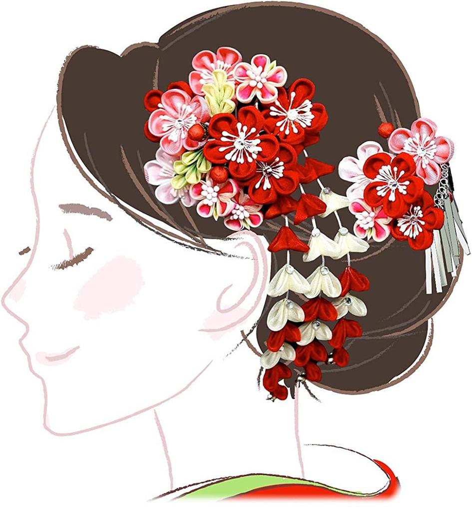 Hair ornament set Furisode ceremony Tsumami work Red Pink Silver birch [Kyoto Usagido] 2-piece coming-of-age wk-226