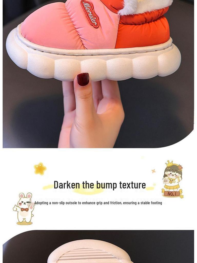 Children's Winter Velvet-Lined Cotton Slippers with Heel Support - Non-Slip, Waterproof, Warm Shoes for Big Kids & Parent-Child Pairs