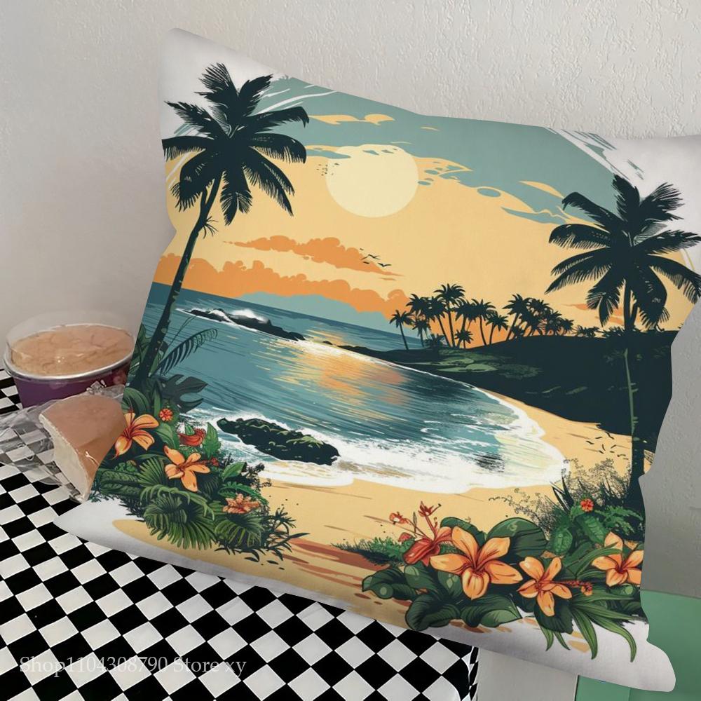 1 Stück Nordeuropa Tropische Strandlandschaft Kissenbezug Quadrat Schlafzimmer Sofa Freizeit Komfort Kissen Auto Wohnen Heimdekoration