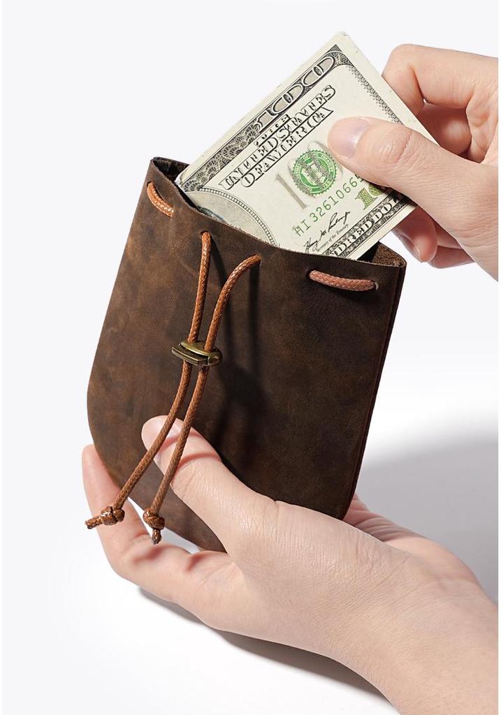 Genuine Leather Drawstring Coin Purse - Cowhide Storage Bag & New Year's Lucky Wallet.