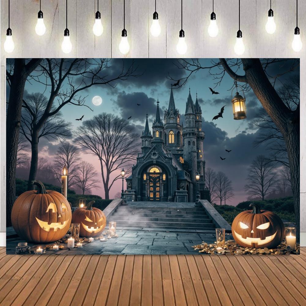 Background Halloween for Photography Night Dark Forest Castle Full Moon Pumpkin Lantern Bat Family Friends Party Photo Backdrops2