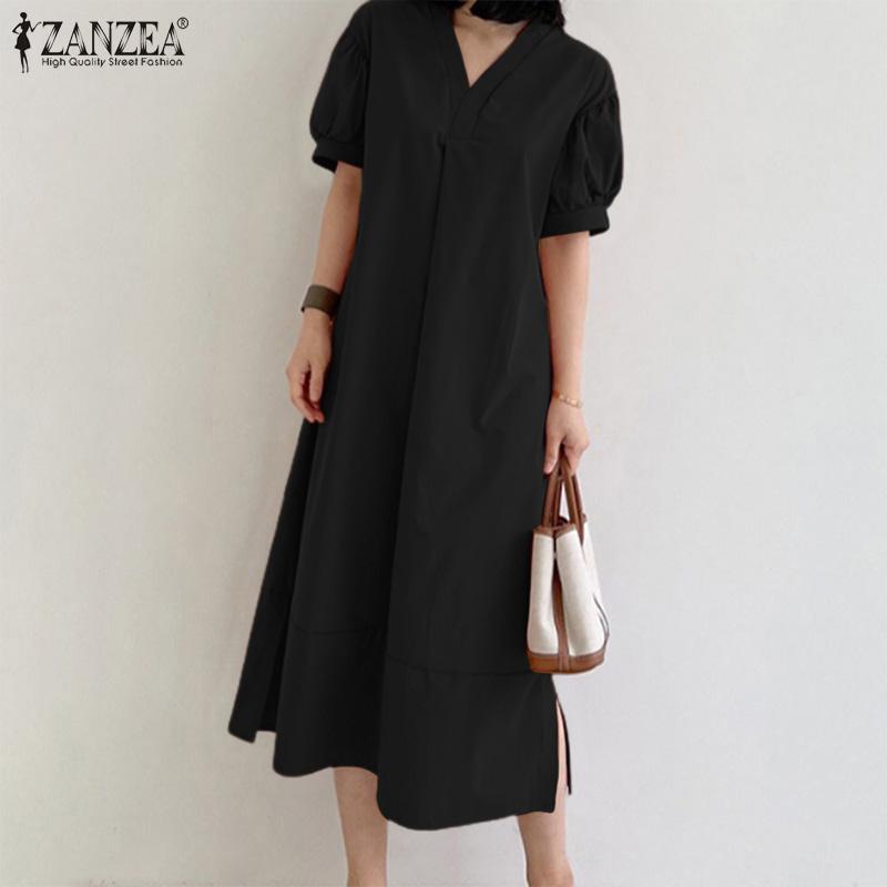 ZANZEA Women Summer V-Neck Short Sleeve Long Dress