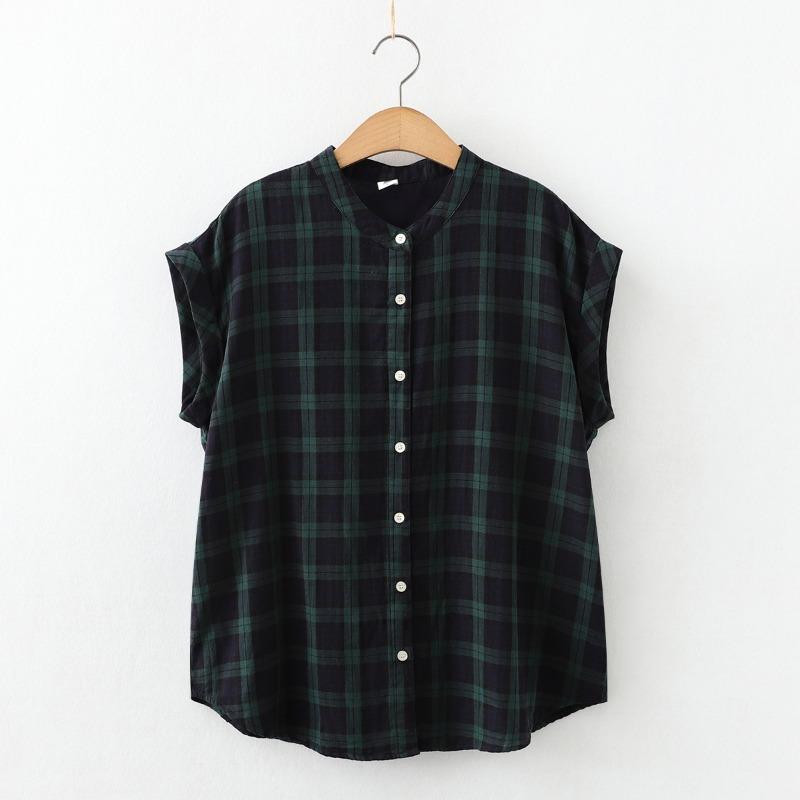 Stand Up Collar Short Sleeved Pure Cotton Double-layer Cotton Soft Glutinous Shirt Sleeveless Flanging Skin Friendly Short Sleeved Shirt