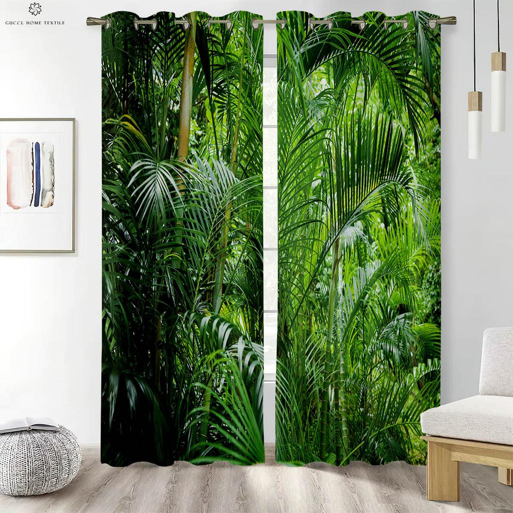 3D Printed Tropical Rainforest Leaves Curtains, Decorative Curtains, Bedroom, Living Room, Kitchen, Study, Green