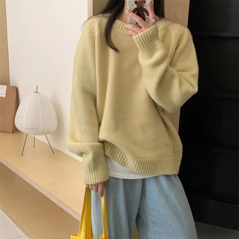 Versatile Sweater Women Thick Loose Autumn Winter Round Neck Minimalist Solid Korean Knit Top