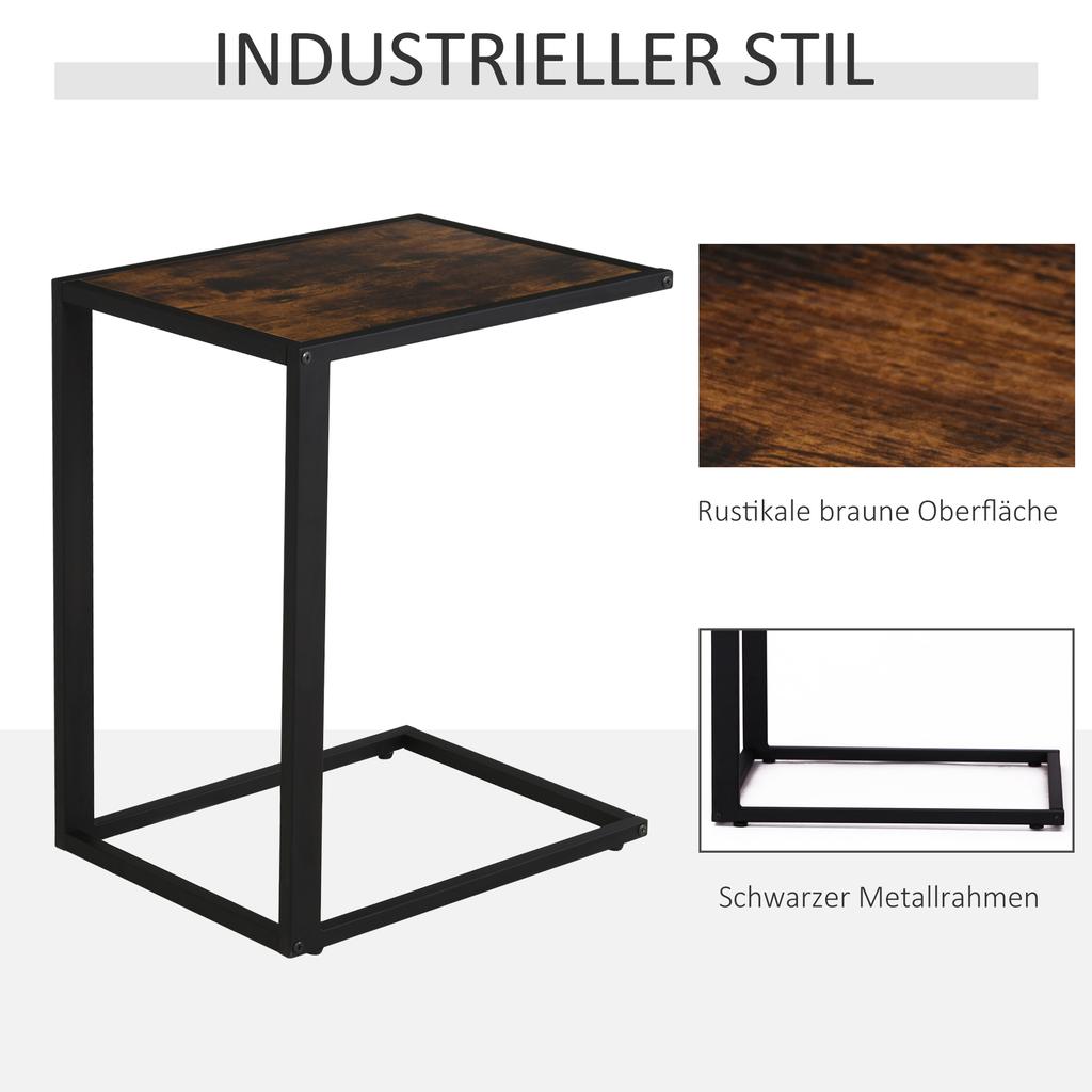 Mesa Lateral em Forma de C, Mesa de Cabeceira com Estrutura de Metal, Mesa de Apoio Decorativa para Sofá na Sala de Estar, Quarto, Marrom e Preto