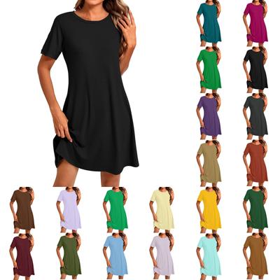 Dame Mote Casual Ensfarget Rund Hals Kort Erme Kort Kjole