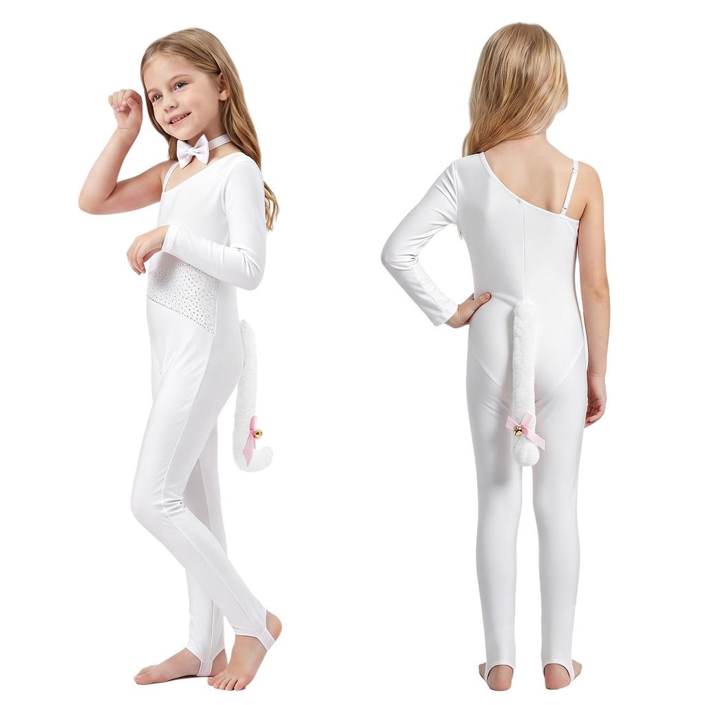 Girls Cat Cosplay Leotard Jumpsuit Sparkly Rhinestones Asymmetrical Sleeves with Tail Long Pants and Bowtie for Halloween Costume Party