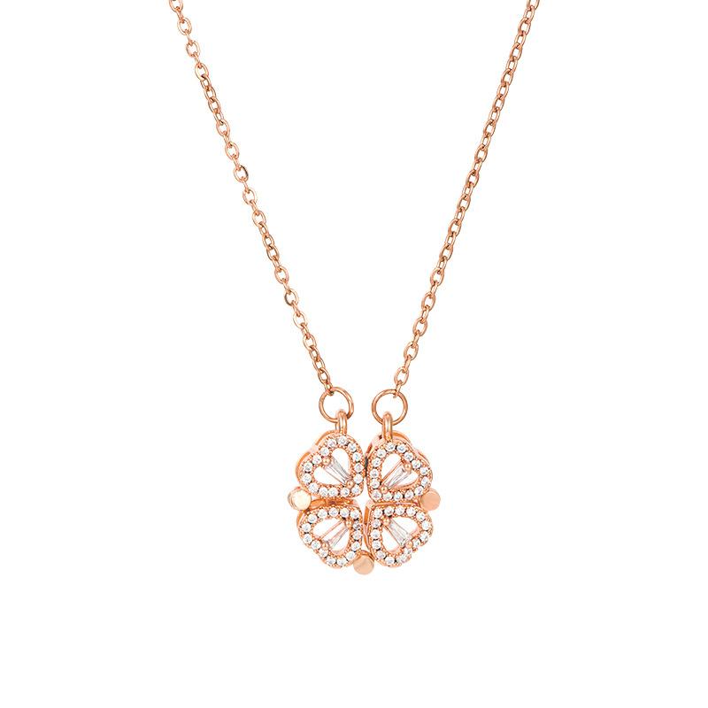Lucky Four-leaf Clover Necklace Women Magnet Heart Pendant Necklace Clavicle Chain Charm Wedding Jewelry Anniversary Gift