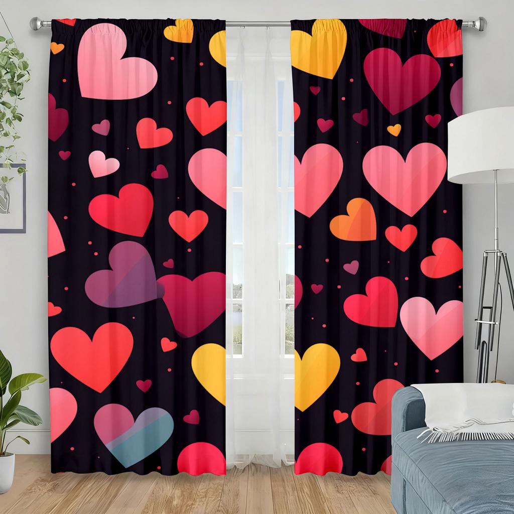 2pcs Colorful heart-shaped pattern curtains   vibrant and romantic style   bedroom   living room   pull rod pocket decoration