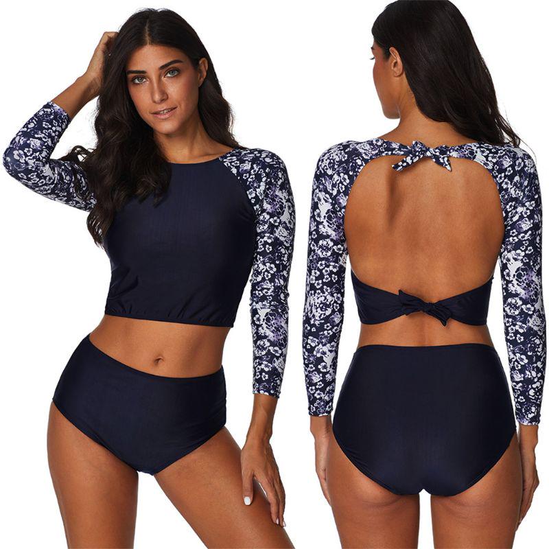 Buy Tankini Women Rash Guard Swimsuit Floral Long Sleeve Backless Lace