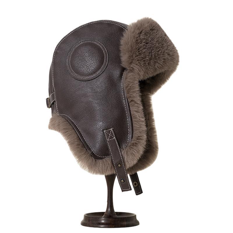 Men's Leather Lei Feng Hat Thickened Plush Ear Protector Hat Autumn and Winter Cycling Warm Electric Vehicle Windproof Snow Cold Waterproof Waterproof