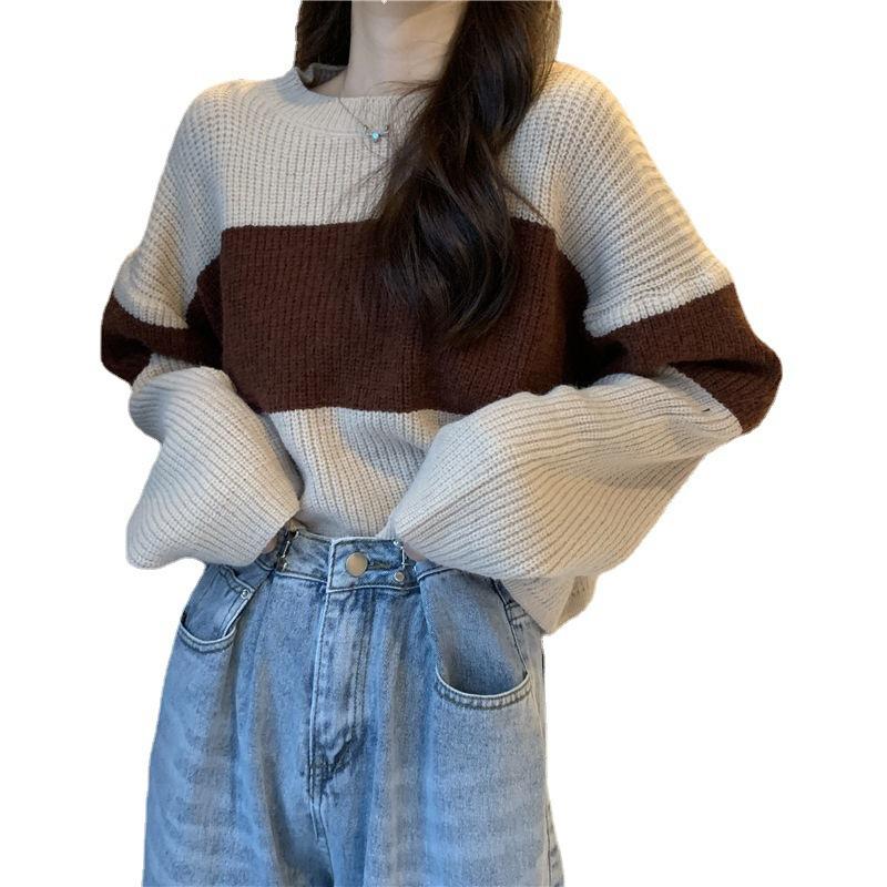 Autumn and Winter Retro Style Short Color Matching Crew Neck Pullover Sweater Women's Loose Lazy Style Versatile Striped Long-sleeved Knitted Sweater