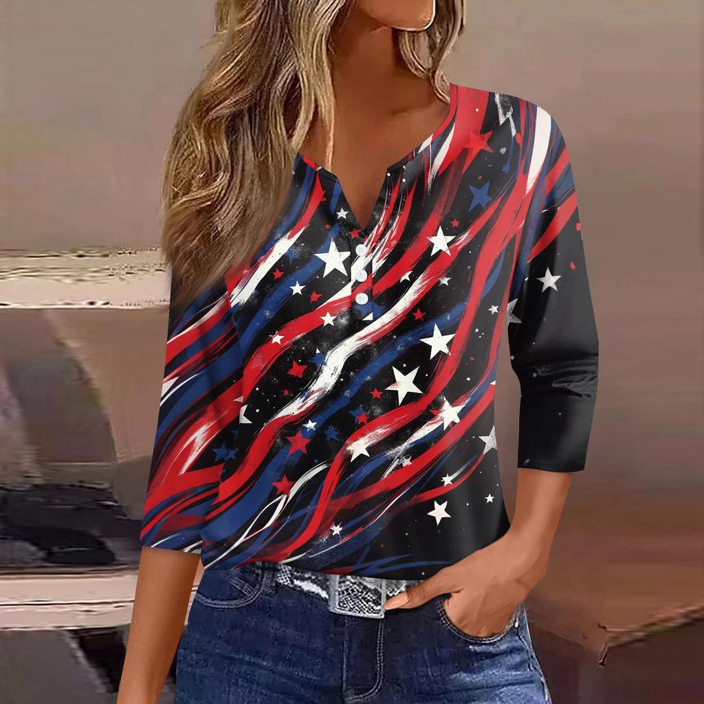 Damska Koszulka Dzień Niepodległości Nadruk Guziki Rękaw 3/4 Codzienna Weekendowa Modna Podstawa Dekolt V Regularny Top