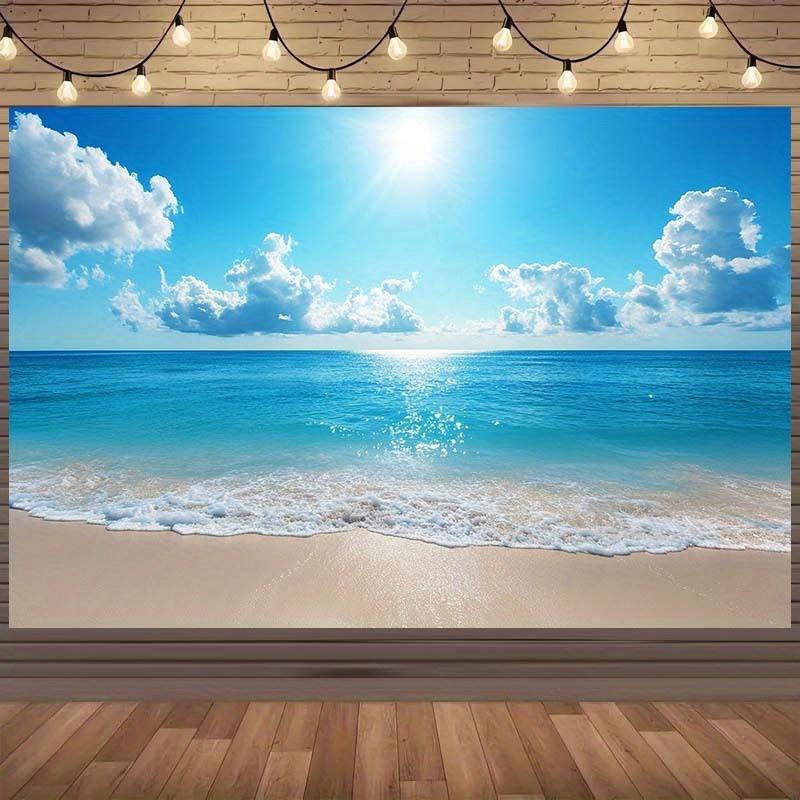 The background is a summer sea view, with blue sea and sky, white clouds drifting, and waves caressing the beach (as the picture,100x150cm)