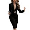 Women's Work Dress Long Sleeve Deep V Neck Bodycon Sheath Suit Dress Church Teacher Business Office Outfit with Square Buckle