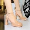 Korean Style Square Head Hollow One-Button High Heel Sandals Waterproof Platform Thick Heel Patent Leather Shiny Fashion Shoes