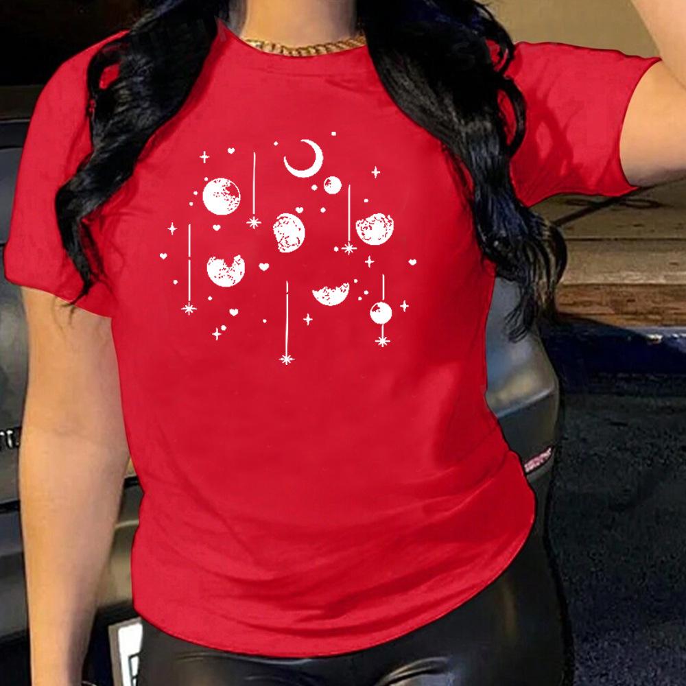 

Moon and Stars Casual Comfortable Cotton Printed Women s Round Neck Short Sleeved T-shirt 3XL красный