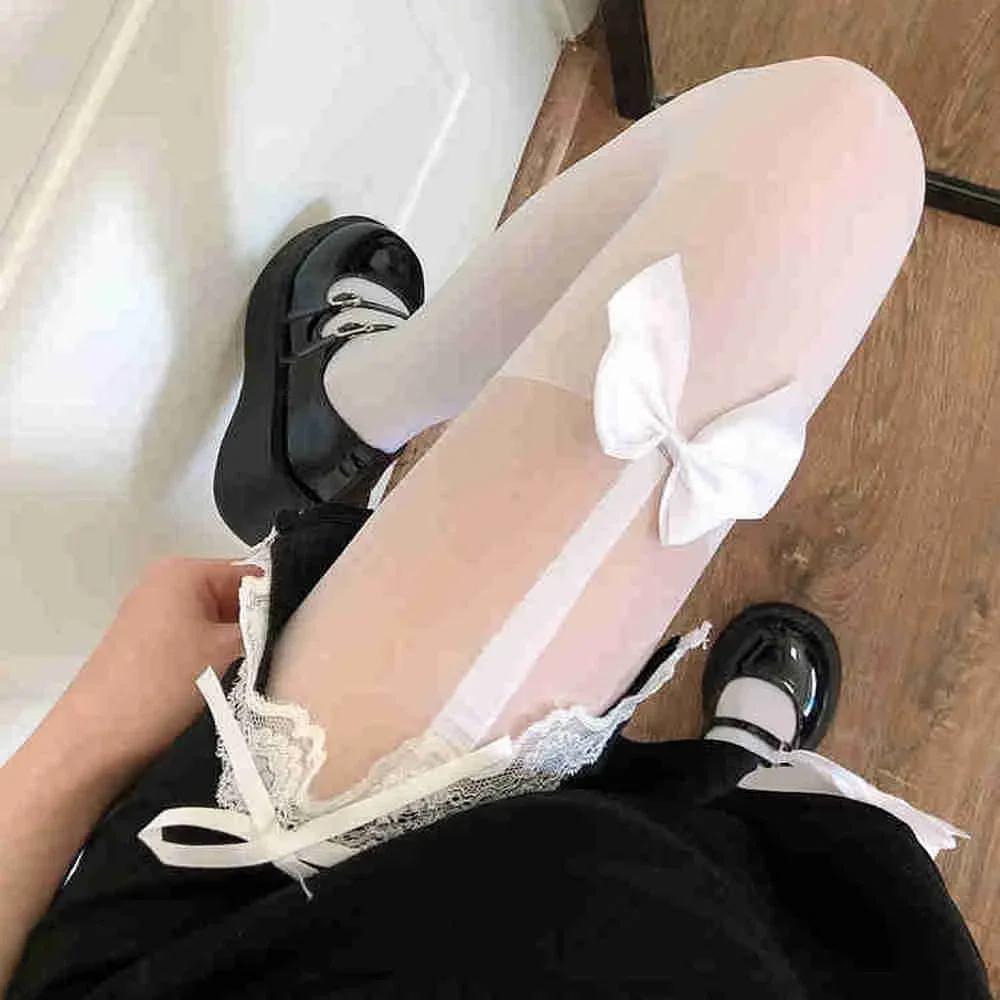 Süße Mädchen Oberschenkelhohe Strümpfe Strumpfhose Jk Japanischer Stil Damen Strumpfhose Lolita Kawaii Schleife Patchwork Transparent Schwarz Strumpfhose Damen