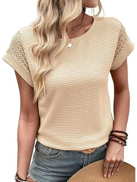 

Europe 2026 Women s Waffle Texture Lace Short Sleeve Round Neck Casual Loose T-shirt S абрикосовый