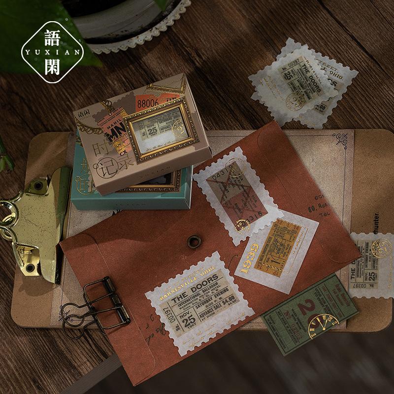 30 Sheets Gold Foil Vintage Literary Stamp Theme Stickers Retro Postmark Design Self-Adhesive For Journal Scrapbook DIY Deco