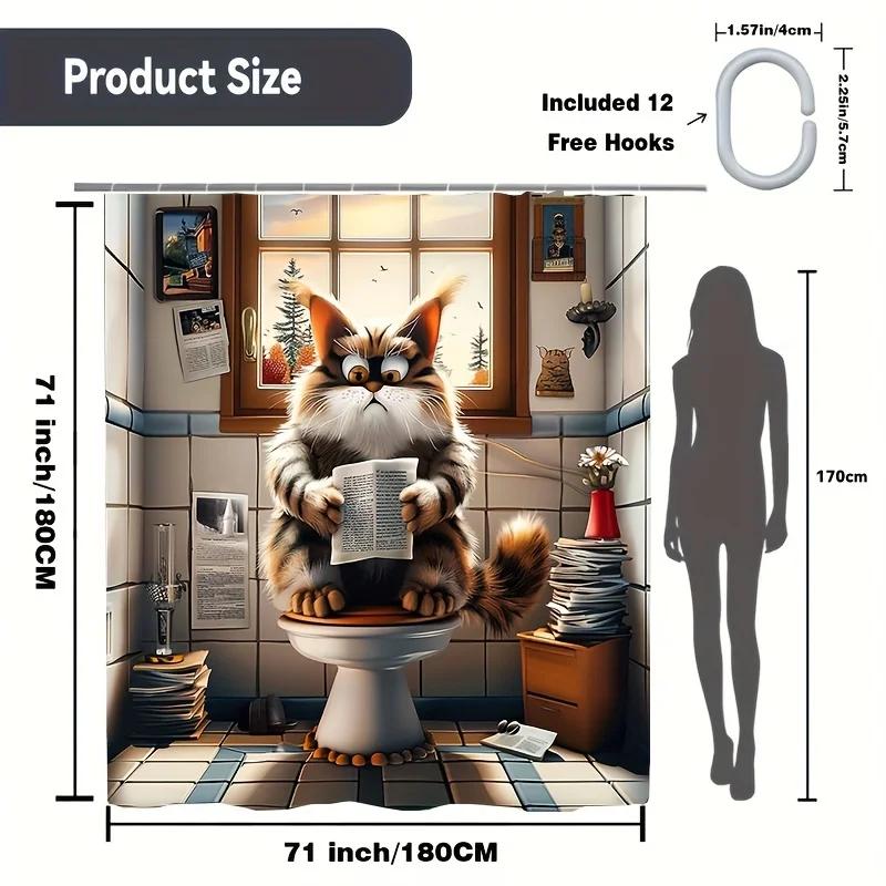 Whimsical Cat Reading Newspaper Printed Shower Curtain Waterproof Animal Themed Bathroom Decor