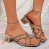 Women Sandals Foreign-style Rhinestone Slippers Women Summer Square Toe Sandals Open Toe Outward Wear One-word High-heeled Shoes
