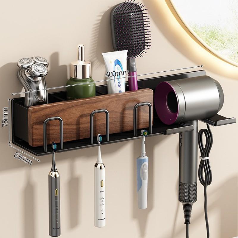 Walnut Wood Hair Dryer Holder Wall Mounted Bathroom Organizer Shelf Toothbrush Hairdryer Modern Minimalist Design