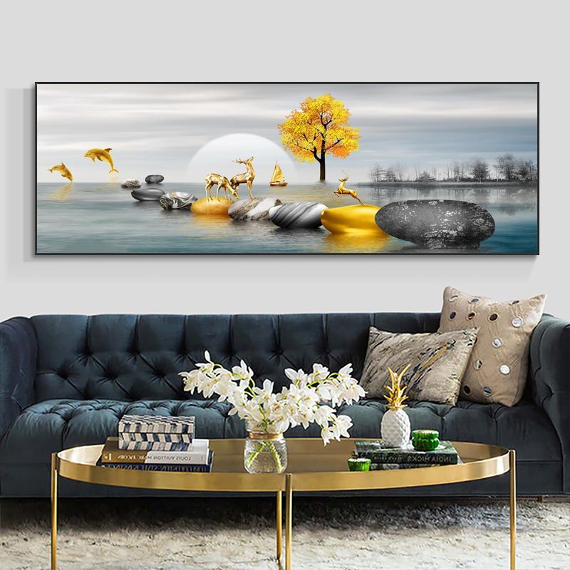 Abstract Golden Lucky Stone Posters and Prints Modern Canvas Painting Wall Art Pictures for Living Room Deer Home Decor No Frame